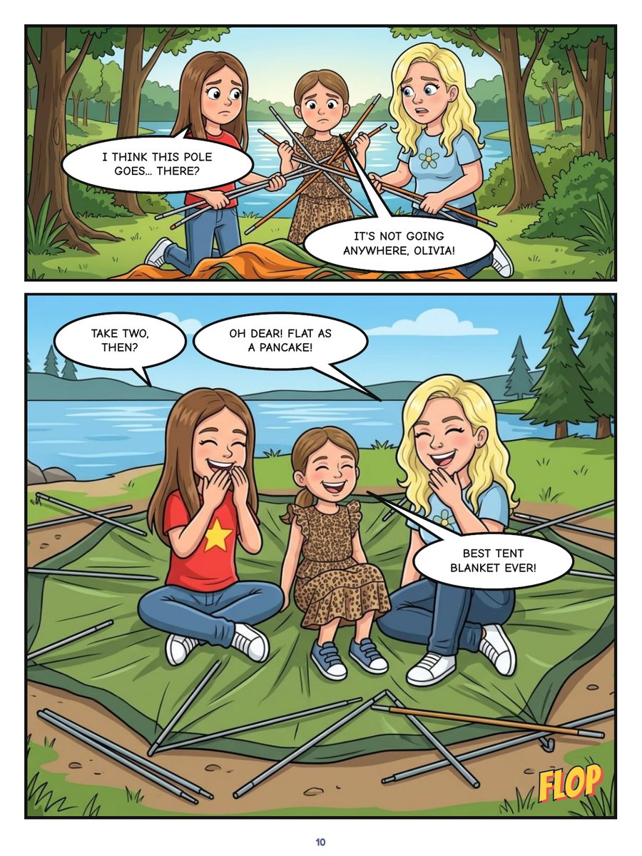 A comic page: the tent falls flat and everyone laughs