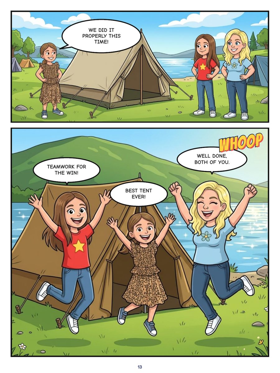 A comic page: the family cheer when the tent is up