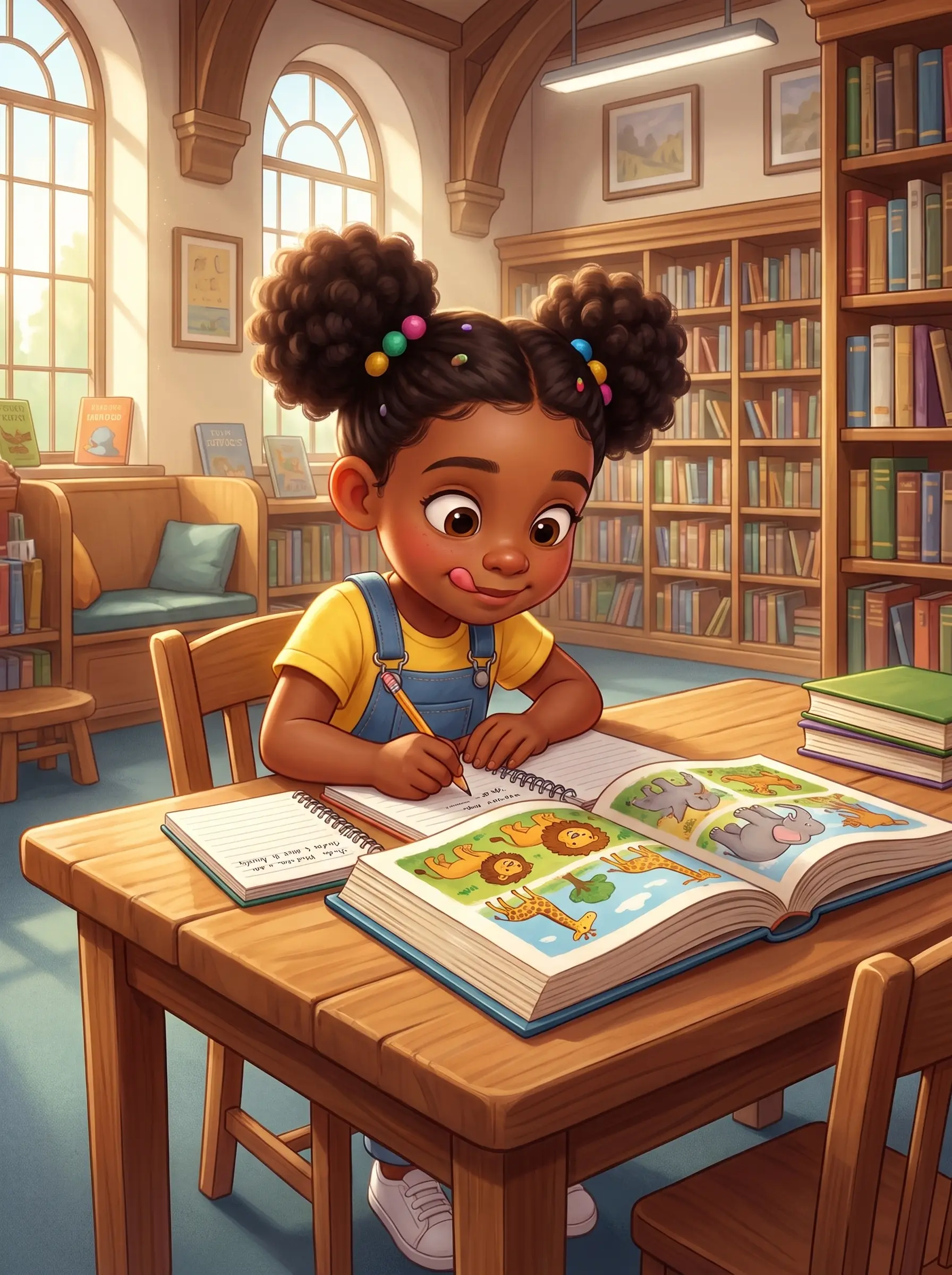 Amelia studying at the library